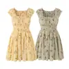 7797-26 Verão Estilo Doce Francês Estampa Floral Afina a Cintura Ombro Único Duas Formas de Usar Vestido Saia-Calça