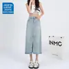 Saia Jeans Tencel Feminina Outono 2024 Moda Nova Fina Cintura Alta Fenda Seda de Gelo Saia Midi Evasê