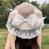 Elegante Sombrero de Paja con Encaje Estilo Francés, Sombrero de Sol de Moda para Mujer con Ala Ancha, Sombrero de Sol de Malla con Lazo para Viaje