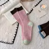 Meias de Lã Color Block em Cashmere Vintage para Mulheres, Meias de Cano Médio para Outono e Inverno, Forradas com Fleece, Espessas, Quentes, Meias Slouch Estilo Japonês