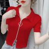 Camiseta feminina de manga curta cor sólida verão novo design com zíper senso nicho ajuste fino estilo ocidental all-match curto top ins moda