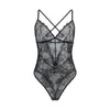 Body de encaje sexy para mujer, escote en V profundo, hueco, transparente, tentación apasionada, body con entrepierna abierta 75032
