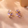 Populares Aretes de Gota de Aceite Esmaltados Morado Claro Diseño de Nicho Asimétricos Estéreo Moda Exquisitos Aretes Pequeños para Mujer