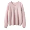 26 Otoño/Invierno Nuevo 100% Cachemira Dobladillo Enrollado Cuello Redondo Cardigan de Punto Manga Larga Abullonada Color Sólido Suéter de Cachemira Cepillada