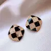 Pendientes de Cuadros Plateados con Goteo de Aceite Negros y Blancos Tachonados con Diamantes Estilo Coreano, Pendientes de Estilo de Nicho de Lujo Ligero con Diseño de Alta Gama