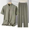 Camisa Masculina com Gola Alta, Conjunto de Verão Masculino Fino e Solto de Seda Gelada com Meia Manga para Homens de Meia-Idade