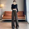 Foto real #Senso de design americano calça de lã com estampa de leopardo feminina com veludo extra inverno novo cintura alta justa reta perna larga