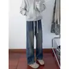 Jeans para hombre estilo americano, corte holgado, corte recto con un ligero ensanchamiento, diseño de corte diagonal, estilo boyfriend adelgazante, azul lavado vintage