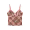 Top Regata Xadrez Color Block com Renda Estilo Retrô Y2K para Mulheres, Novo Estilo de Verão com Bojo, Top Redutor de Idade e Emagrecedor