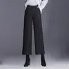 Calça de Lã Wide Leg Feminina Petite, Nova Outono/Inverno Cintura Alta Perna Reta Solta Emagrecedora Espessa Elegante Cropped