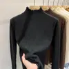 Suéter de Punto con Borde Fruncido, Cuello Semi Alto, Camisa Básica para Mujer, Otoño e Invierno, Suéter Base Blanco para Mujer, Primavera y Otoño, Nuevo Top