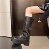 Versão em couro macio ~ estilo retrô, com sola grossa, botas longas para mulheres, design novo com fivela de cinto, botas estilo Western, bico redondo, salto grosso, botas altas