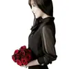 Nuevo Top Casual de Gasa Transparente Negro con Cuello Alto, Manga Larga, Corte Ajustado, Estilo Coreano para Primavera y Verano