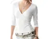 Top de Tres Cuartos Estilo Europeo y Americano Transfronterizo 2026, Color Sólido Casual para el Día a Día Streetwear, Cuello en V Ajustado, Camiseta Francesa de Estilo Urbano Único