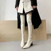 Primeiro Encontro: Botas de couro off-white acima do joelho, outono e inverno, salto alto elástico grosso, tamanho grande, botas femininas