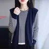 Chal atmosférico de punto de dos piezas para mujer, imitación lana, cuello redondo clásico a rayas, suéter suelto de manga larga para usar en capas