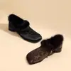 Jinbu Retro Outono/Inverno Novo Estilo Salto Grosso Sapatos de Pelo Patchwork Estampa de Leopardo Sapatos de Couro com Forro de Lã, Sapatos de Algodão Quentes e Versáteis