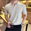 Camiseta fina de malha de verão, luxo leve masculino, mistura de linho Lyocell Tencel, com mangas com punho e gola de gaivota