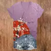 Estampa de Arte de Guarda-chuva de Flor de Cerejeira Retrô Camiseta Feminina Manga Curta Decote V Estampa de Flor de Cerejeira Personalização de Peça Única Pedido Mínimo