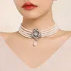 Europeu e Americano Cross-border Jóias Luz Luxo Praça Strass Colar Gargantilha Vintage Imitação de Pérola Frisado terno Pescoço Cadeia
