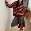 Novo cardigã de malha listrado com blocos de cor estilo coreano casual para o início do outono para mulheres, solto e modelador, casaco suéter macio e aconchegante