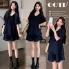 En stock, conjunto de verano para maternidad 2026 nuevo estilo coreano holgado talla grande conjunto de maternidad de mezclilla Tencel