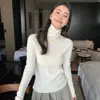 Blusa de gola alta para mulheres, justa ao corpo, cor sólida, manga longa, tricotada, base de lã sintética, suéter de puxar para mulheres, adequado para outono e inverno
