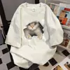 Camiseta Oversized de Manga Curta com Estampa de Gato, Design de Marca Tendência Retro Americana para Homens e Mulheres, Roupa de Casal Loose High Street Plus Size