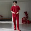 Pijama de Algodón Lycra para Mujer, Rojo Festivo Sencillo Casual de Manga Corta y Pantalón Largo para Pareja de Recién Casados, Conjunto de Ropa para el Hogar para el Año de Nacimiento