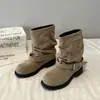 Botas Afuniladas para Deserto Botas Curtas Botas de Salto Grosso Botas Ocidentais Amassadas Circunferência Grande da Panturrilha Botas de Moda Preguiçosa Estilo Acumulado na Barra da Calça Feminino