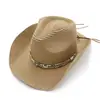Estilo Étnico Cinturón Clásico Sombrero de Paja de Cowboy para Mujeres y Hombres Sombrero de Sol de Verano Ala Enrollada Sombrero de Paja de Vaquero Occidental Sombrero de Sol