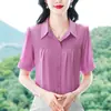 Blusa de Gasa de Manga Corta, Elegante y Adelgazante de Seda, Nuevo Estilo de Verano para Mamás, Top con Cuello, Blusa Elegante que Reduce la Edad