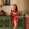 Pijama de Seda Artificial con Grullas Primavera Verano Mujer Verano Largo Rojo Bata de Dama de Honor Bata de Novia para la Mañana Camisón Sexy para Casa Venta al por Mayor