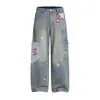 Jeans Bordados Divertidos de Cachorro de Manzana para Mujer 2025 Otoño Estilo Callejero Pantalones Cargo de Bolsillo Grande Pantalones de Pierna Ancha Sueltos