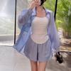 Atuendo Estilo Sal con un Toque de Lujo: Conjunto de Shorts para Mujer para Verano 2026, Elegante Camisa Rayada Madura con Protección Solar Conjunto de Dos Piezas