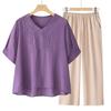 Conjunto de Linho Tencel para Mulheres, Camiseta Bordada de Manga Curta, Novo Estilo Verão 2026, Roupa para Mãe de Meia-Idade, Conjunto de Duas Peças com Calça e Blusa