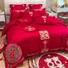 Bordado de Dragón y Fénix Chino de Alta Gama Moda Boda Juego de Cuatro Piezas Sábana Roja Grande Funda de Edredón Ropa de Cama de Acompañamiento
