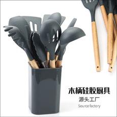 跨境直供木柄硅胶厨具厨房烹饪用具11件套不粘锅专用硅胶铲勺套装