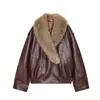 Ropa Original Europea y Americana al por Mayor Cuello de Piel Sintética Marrón Oscuro Holgada Chaqueta de Piel Sintética Chaqueta de Cuero Pu 4341/853