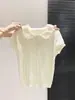 Camiseta de Punto con Solapa de Encaje, Manga Corta para Mujer en Verano, Diseño Ligero, Estilo de Nicho, Top que Reduce la Edad y Adelgaza 12725