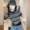 Suéter Rayado de Contraste de Color Francés Diseño de Verano Sentido de Diseño Nicho Adelgazante Camisa Corta Camiseta de Manga Corta Top Ajustado para Mujer