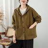 Otoño Nuevo Cordón Sombrero Ancho Chaqueta Holgada Talla Grande Bolsillo Algodón Lavado Versátil Casual Cremallera Manga Larga Top