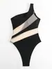 Novo maiô feminino 2023 estilo europeu e americano peça única sexy de um ombro cor sólida costura maiô moda feminina comércio exterior transfronteiriço