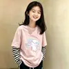 Roupa de Outono para Meninas Camiseta de Algodão Puro Manga Longa Crianças Médias e Grandes de Outono Camada Interna Camada Base Meninas Pequenas Top Falso de Duas Peças Listrado