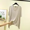 Camiseta Holgada de Cuello V Asimétrica con Manga Tres Cuartos Verano Delgada de Modal Talla Grande Top de Media Manga Color Sólido Camisa Básica