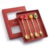 Cuchara y tenedor de acero inoxidable portátil para niños, con bonitos dibujos animados, dorados, para café, fruta, postre, caja de regalo