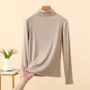 Nuevo Top Base de Manga Larga con Cuello Alto y Textura Acanalada para Mujer, Otoño/Invierno, Elástico, Cálido, Color Liso, Camiseta Casual