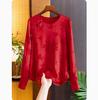 Camisa Chinoiserie Jacquard de Seda Vermelha para Mulheres 2024 Início da Primavera Nova Gola Redonda Botão de Jade Solta Botão de Disco Mangas Compridas