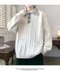 Suéter de tricô torcido estilo coreano com gola polo, espessado para aquecimento, pulôver cinza, estilo old-money, malharia masculina