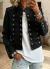 Nueva chaqueta militar cruzada para mujer petite, estilo Napoleón con cuello alto, chaqueta de trabajo decorativa corta de doble botonadura